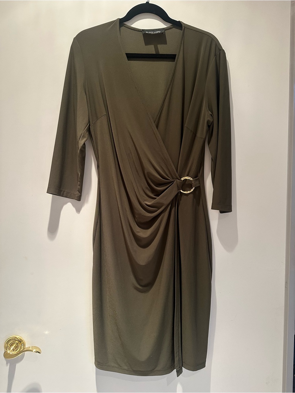 Black Label Olive Green Draped Wrap Midi Dress with Gold Ring Accent